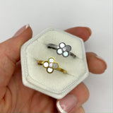 silver 4-leaf pearl clover adjustable anxiety ring